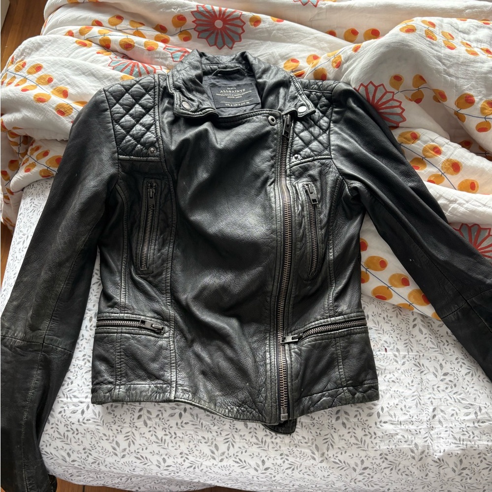 All Saints Quilted Black Leather Jacket